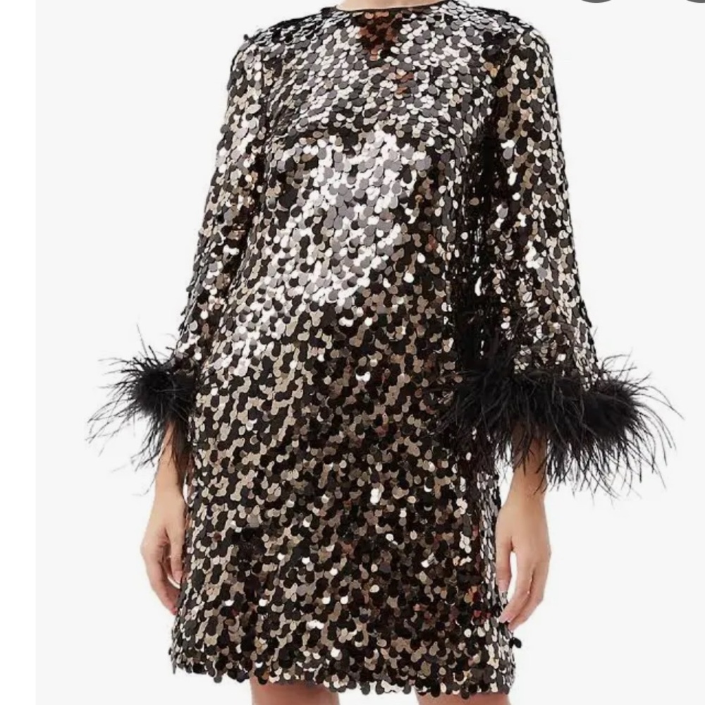 Trina Turk Juliet Dress Sequin Dress with Feather Cuffs